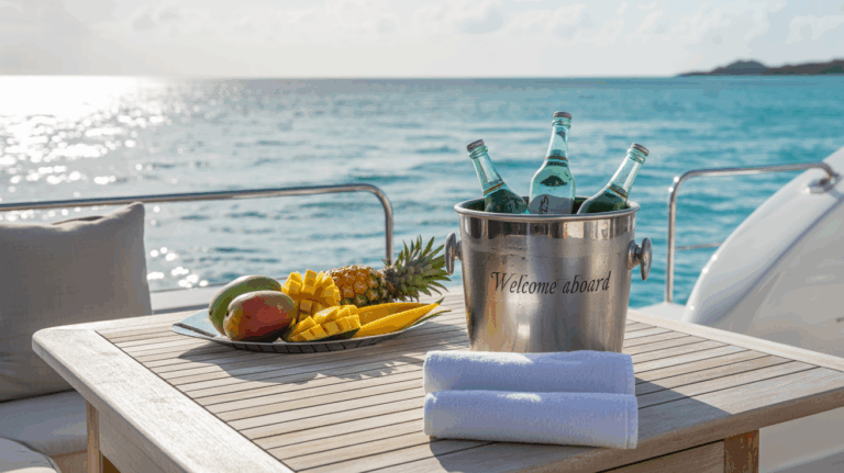 Private yacht in Nassau Bahamas with crew and amenities visible