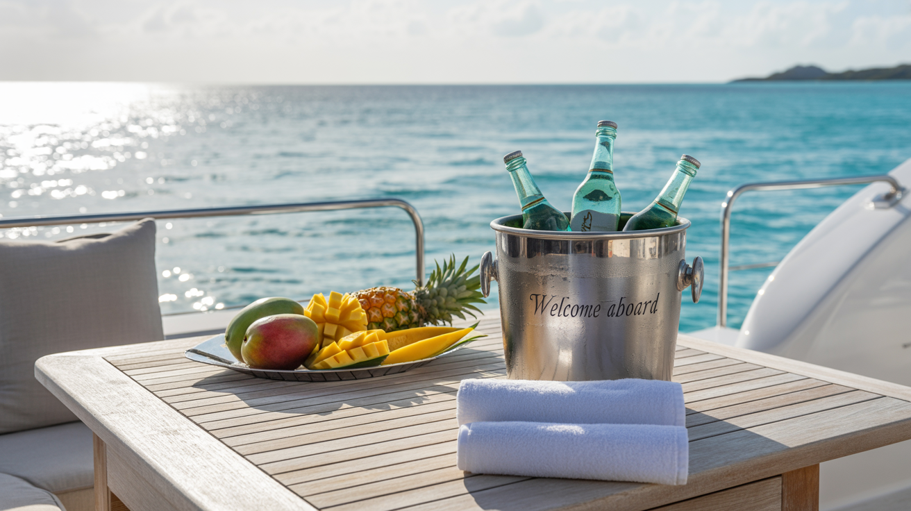 Private yacht in Nassau Bahamas with crew and amenities visible